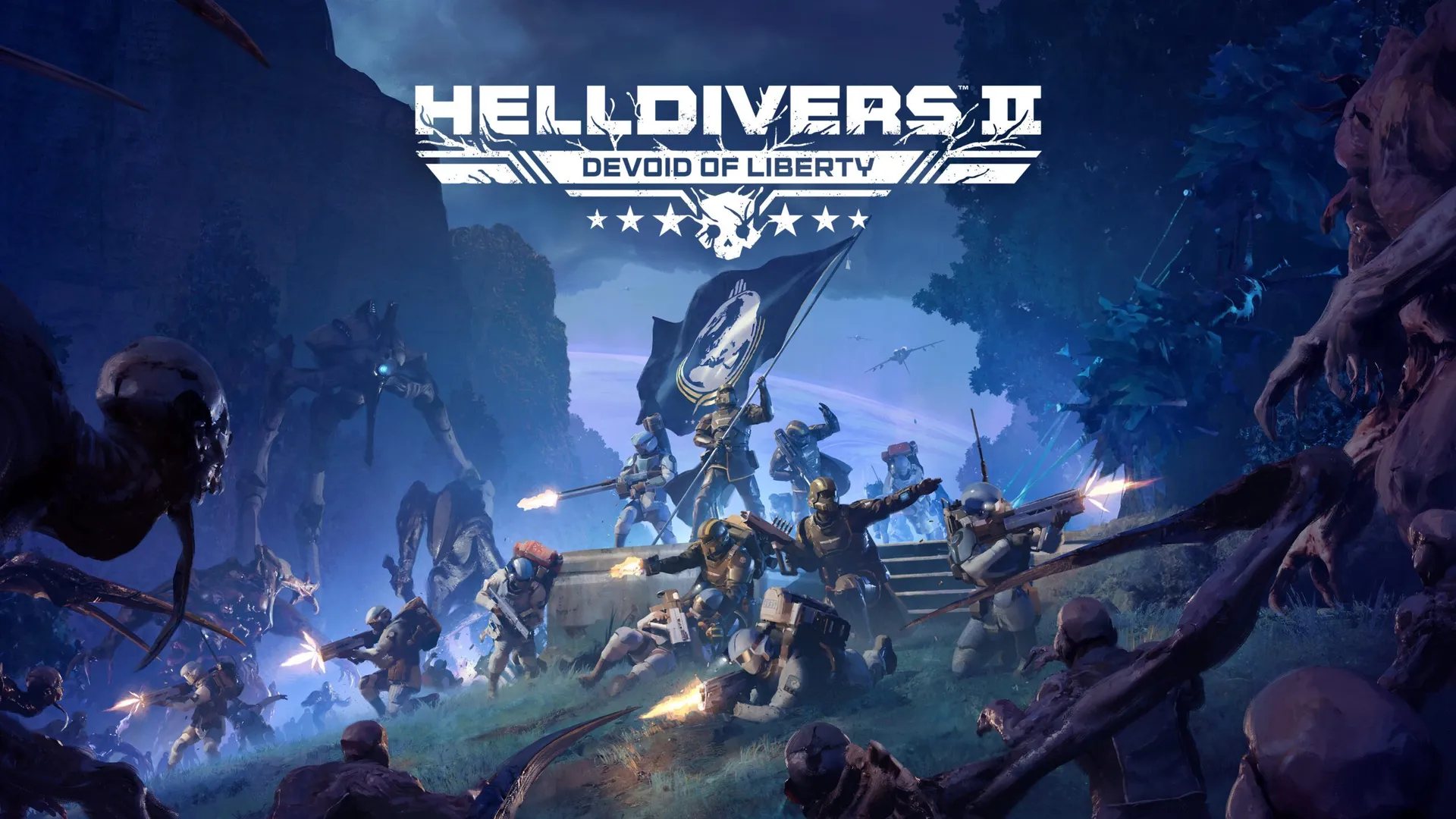Arte oficial de Helldivers 2: Devoid of Liberty mostra Helldivers cercados por criaturas no novo conteúdo ligado à chegada ao PS Plus.