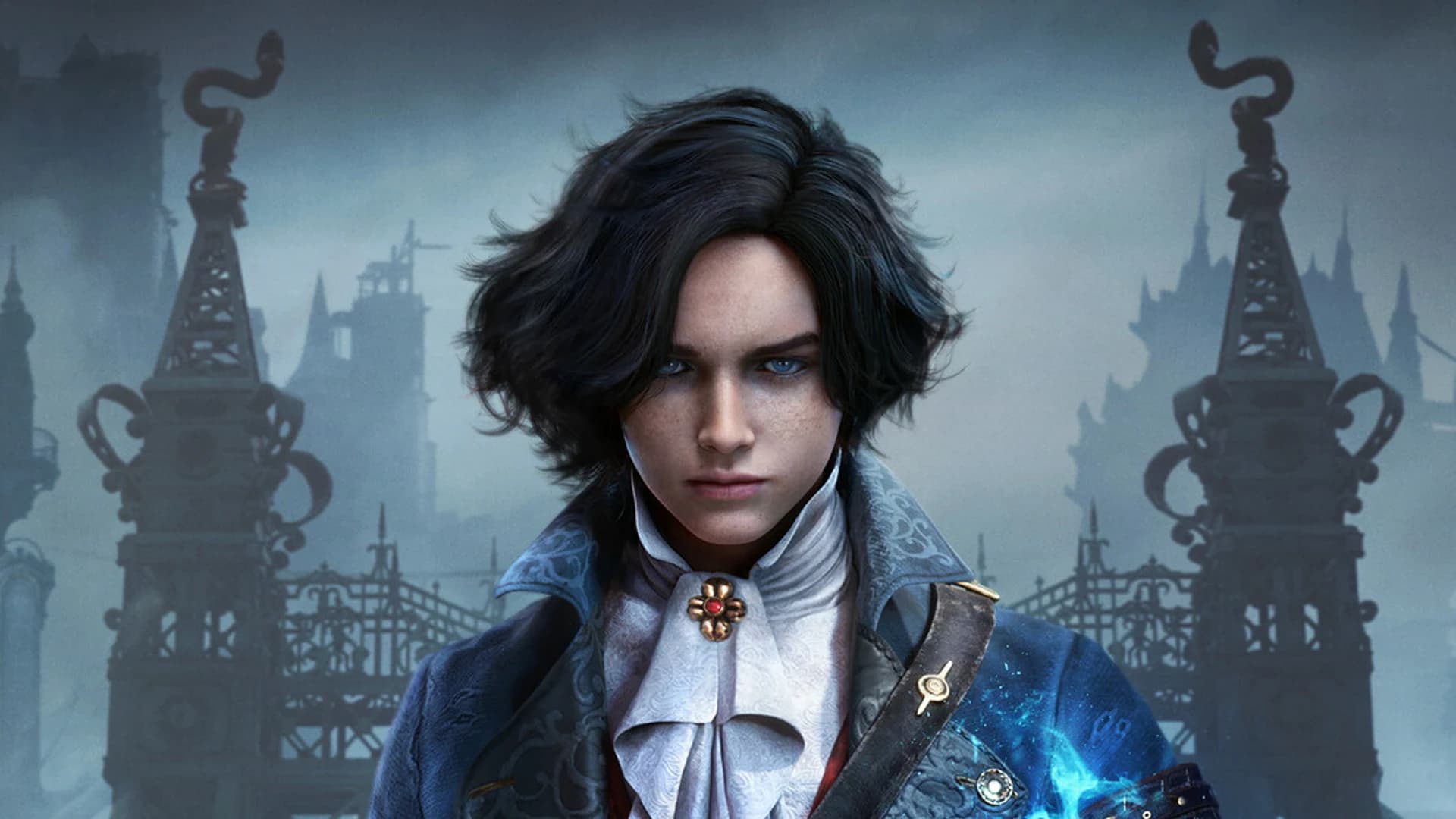 Arte promocional oficial de Lies of P mostra a protagonista diante do cenário sombrio abordado no documentário do estúdio