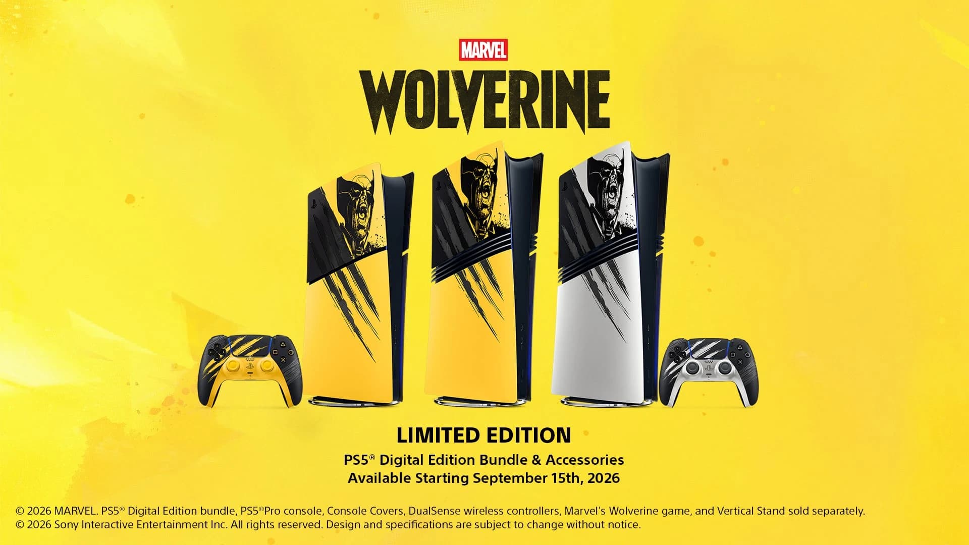 Linha oficial Marvel’s Wolverine Limited Edition com PS5 Digital, PS5 Pro e controles DualSense nas versões Battle Yellow e Adamantium.