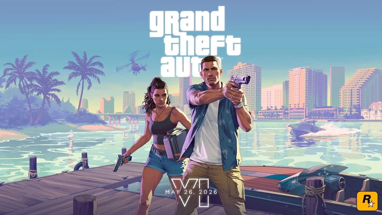 Jason e Lucia em frame oficial de Grand Theft Auto VI ambientado em Vice City, jogo reafirmado para novembro pela Rockstar e Take-Two.