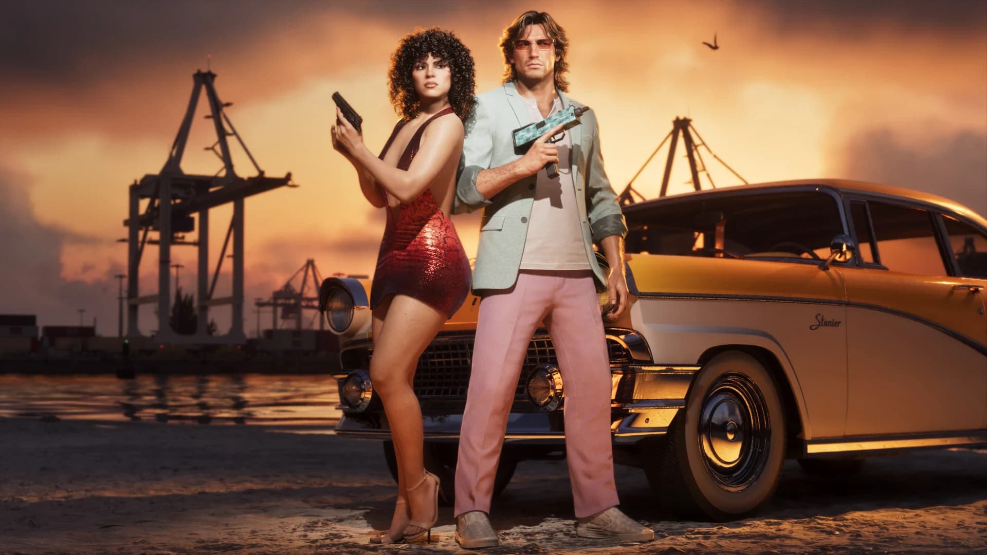 Arte oficial de Jason e Lucia com visual vintage de Vice City para Grand Theft Auto VI